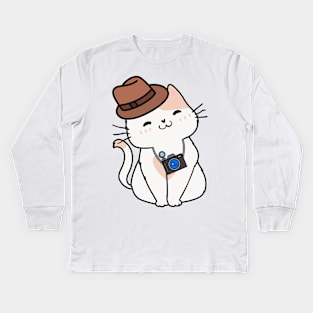 Funny persian cat is holding a camera Kids Long Sleeve T-Shirt